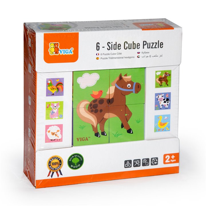 Viga - Wooden 6 side Cube Farm Animal Puzzle